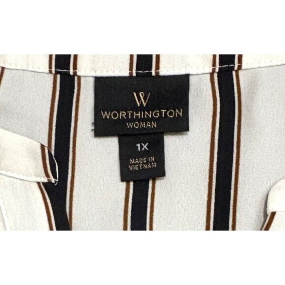 Worthington Woman 1X Sleeveless Stripe Blouse With Pockets White/Black/Brown‎ - Picture 3 of 6